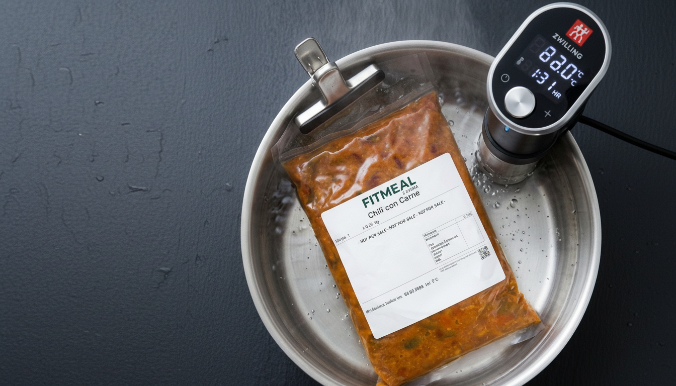 Vakuumierte Fitmeal-Tüte im Wasserbad – in Minuten servierfertig