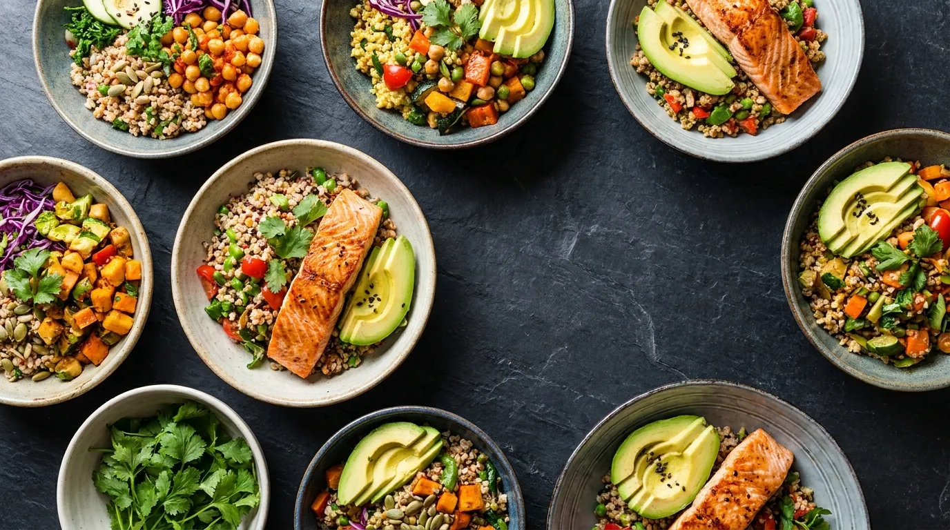 Healthy, freshly prepared bowls with salmon, avocado and vegetables – ready to eat