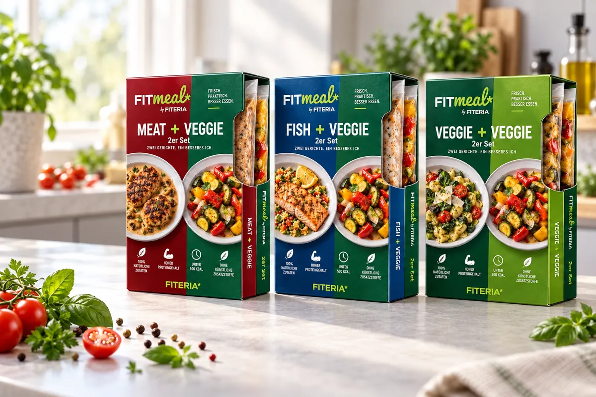 Die drei FITmeal-Varianten in ihren Hüllen auf der Küchenarbeitsplatte