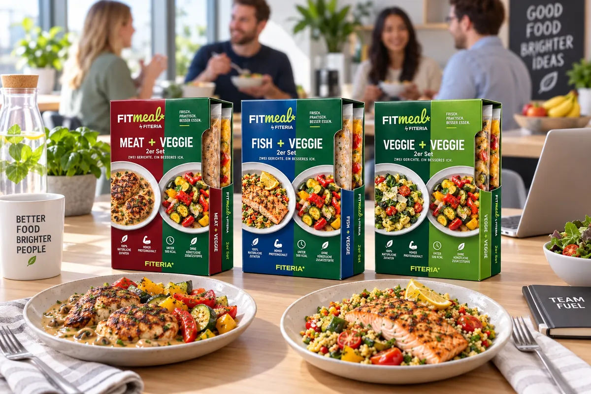 FITmeal-Hüllen und angerichtete Gerichte auf einem Tisch in der Büroküche
